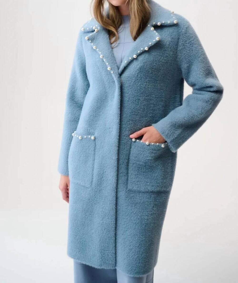 NEW JOSEPH RIBKOFF pearl trim feather yarn coat in chambray